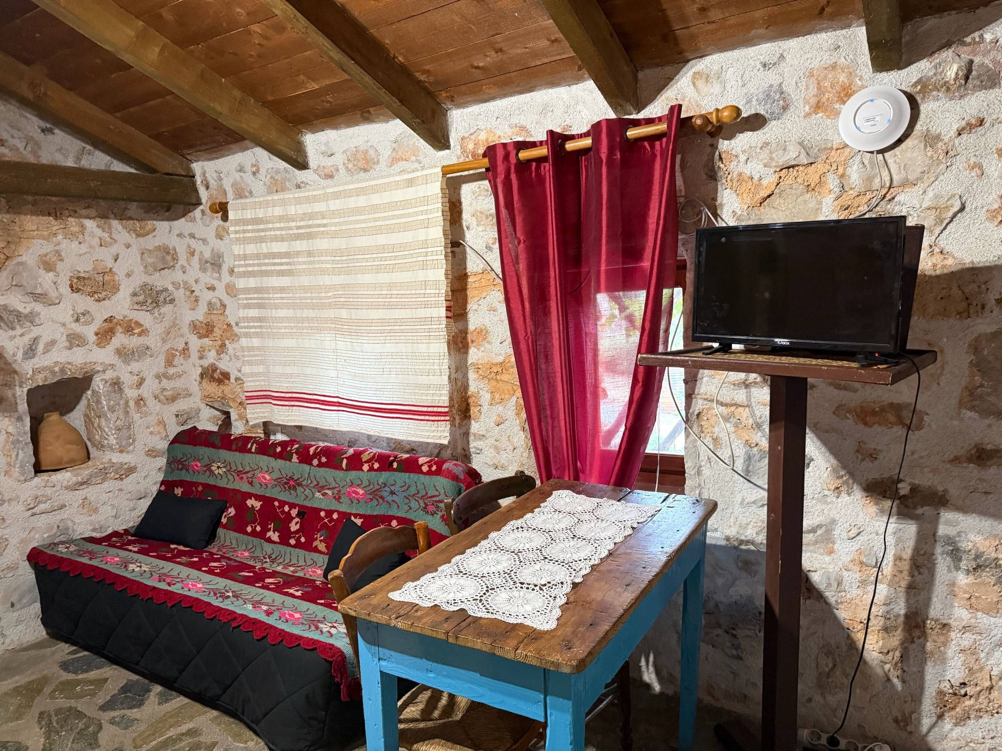 Traditional sofa beside the fireplace