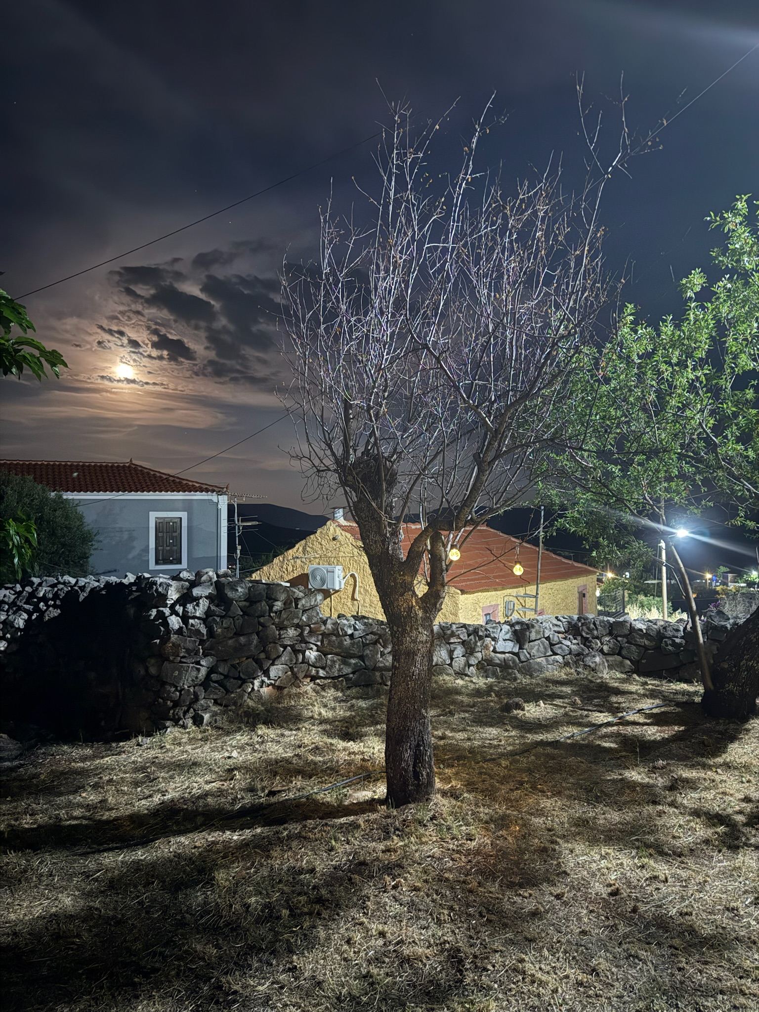 The courtyard softly lit at night